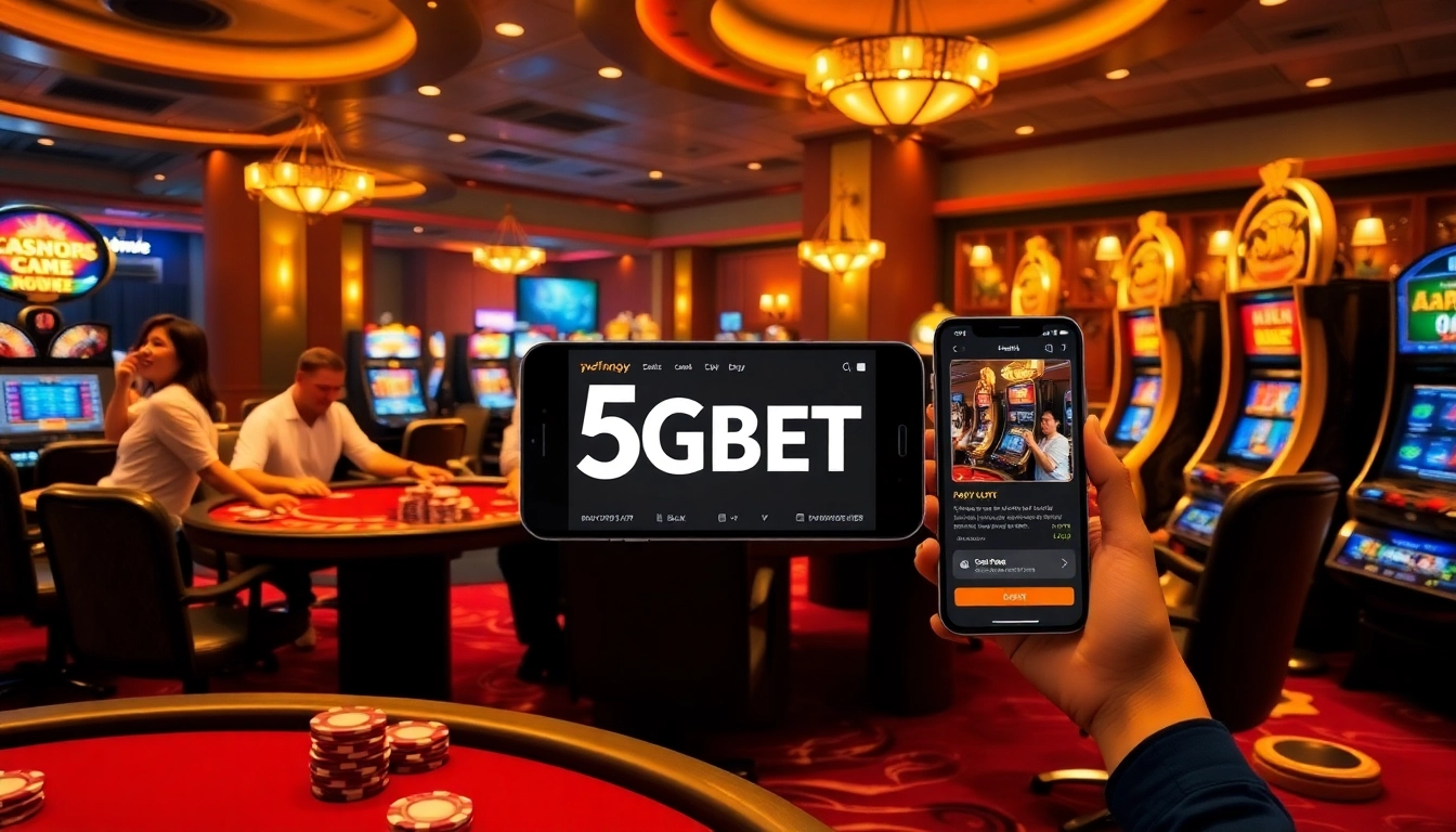 Engaging casino scene with lively players and https://5gbetbr.com.br/ mobile interface showcasing excitement in online gambling.