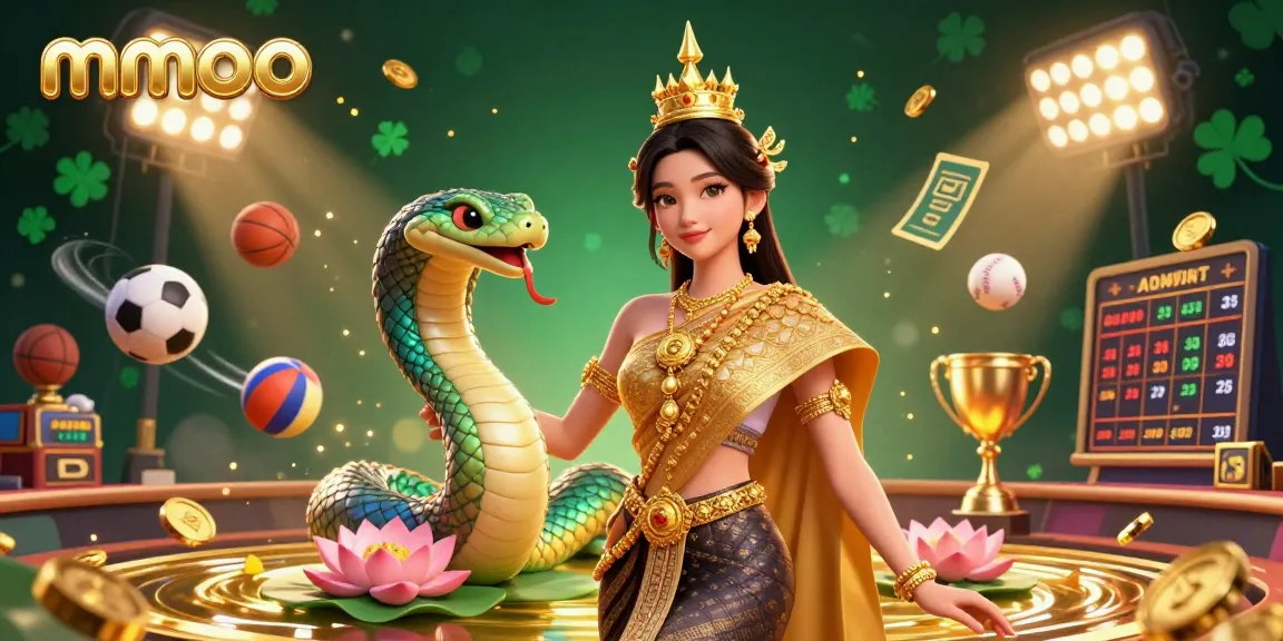 Engage with mmoo as a beautiful Asian woman and colorful Naga serpent illuminate a vibrant casino scene.