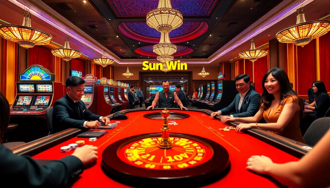 Players enjoy high-stakes action at a Sun Win branded casino table with vibrant poker chips and a roulette wheel.