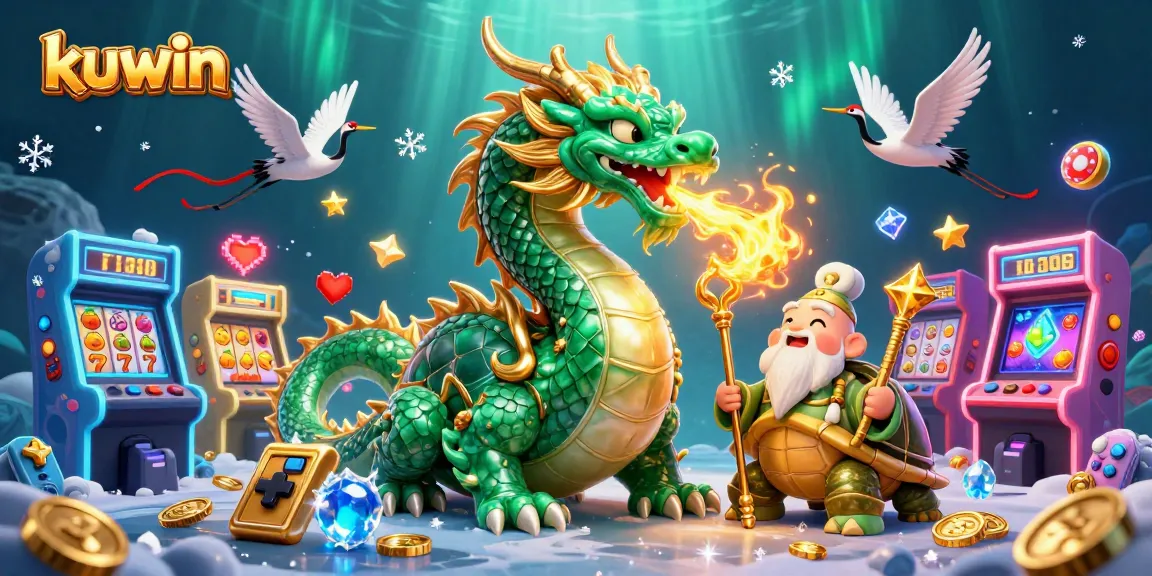 Kuwin slots in action with a majestic dragon, turtle sage, and lucky cranes surrounded by exciting gaming elements.