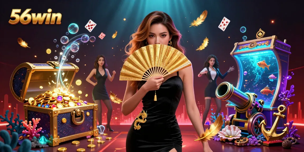 Engage with the captivating world of 56win casino, featuring a stunning Asian woman surrounded by vibrant underwater treasures and floating playing cards.