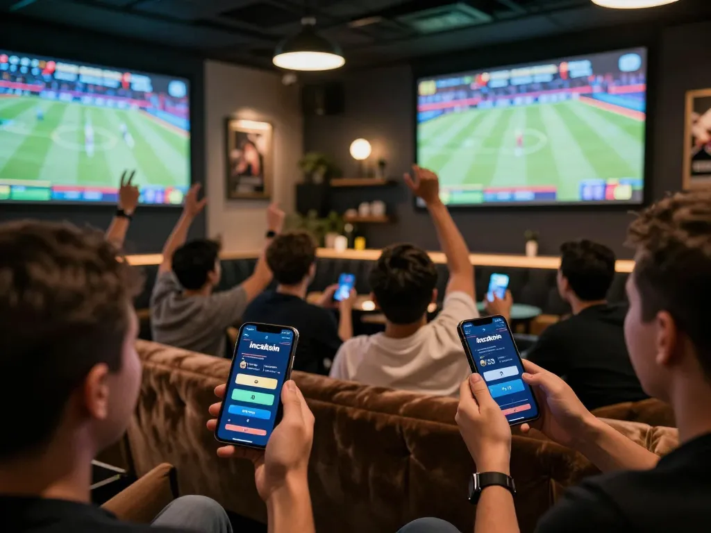 Excited sports fans placing bets using incakoin in a vibrant lounge atmosphere.