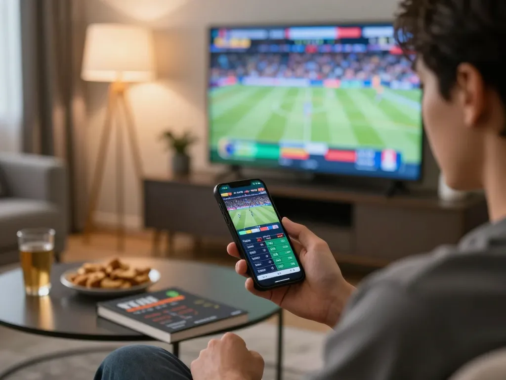 Engaged sports bettor using https://v788.biz/ app on smartphone for real-time wagering, focused atmosphere in modern home.