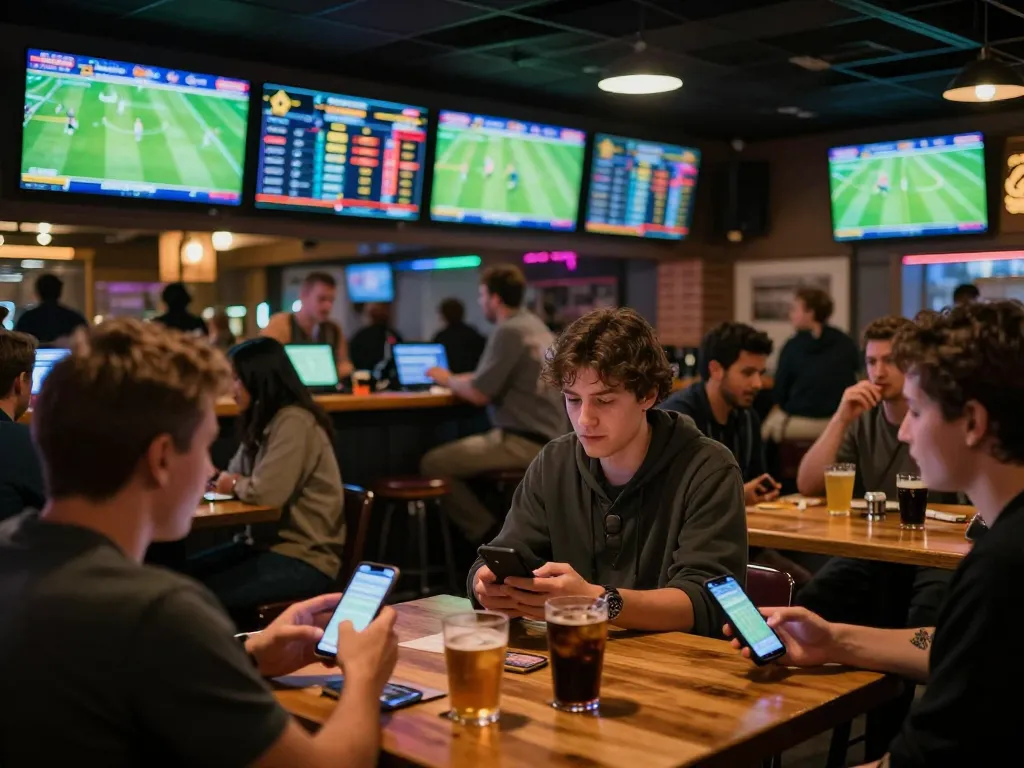Exciting sports betting scene highlighting bongdalu enthusiasts engaged in live match betting at a vibrant sports bar.