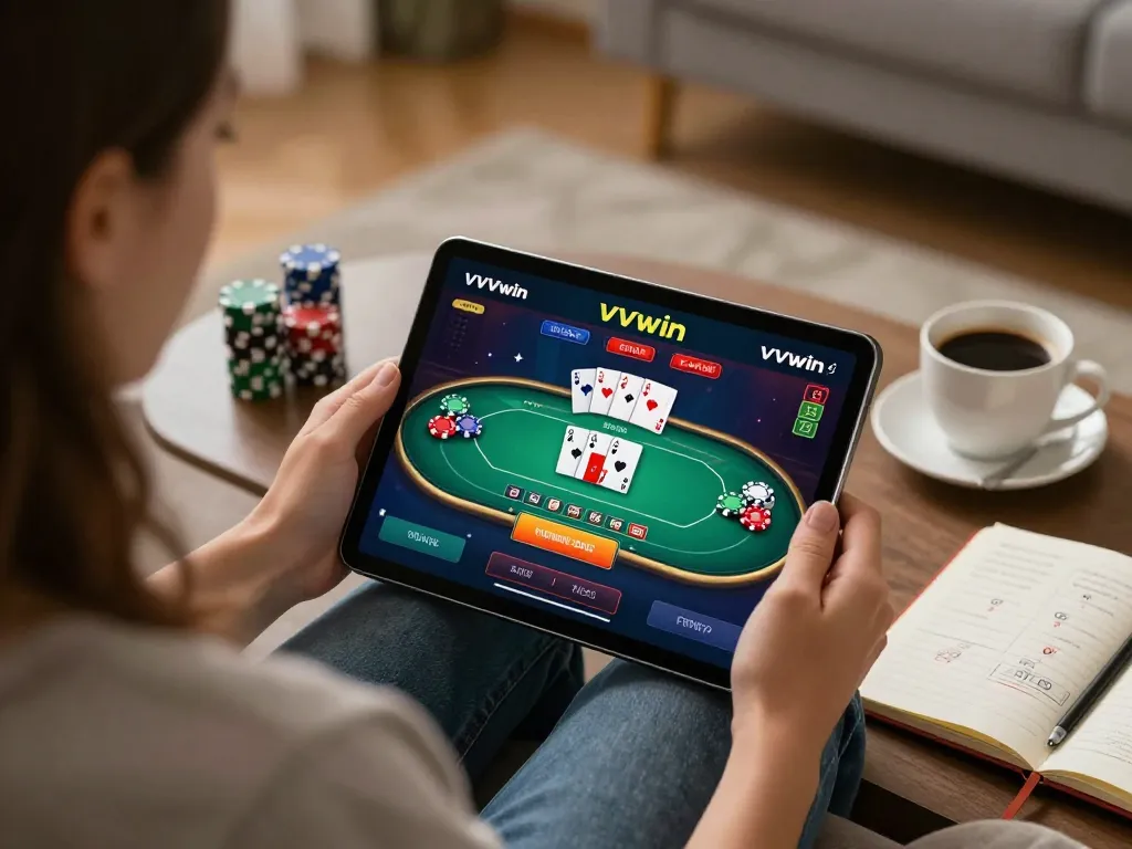 Experience the thrill of VVVwin online gaming as a player engages with poker on a sleek tablet.