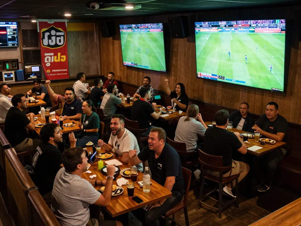 Fans in a lively sports bar cheering while watching ดูบอล on multiple screens, capturing the excitement of live sports betting.