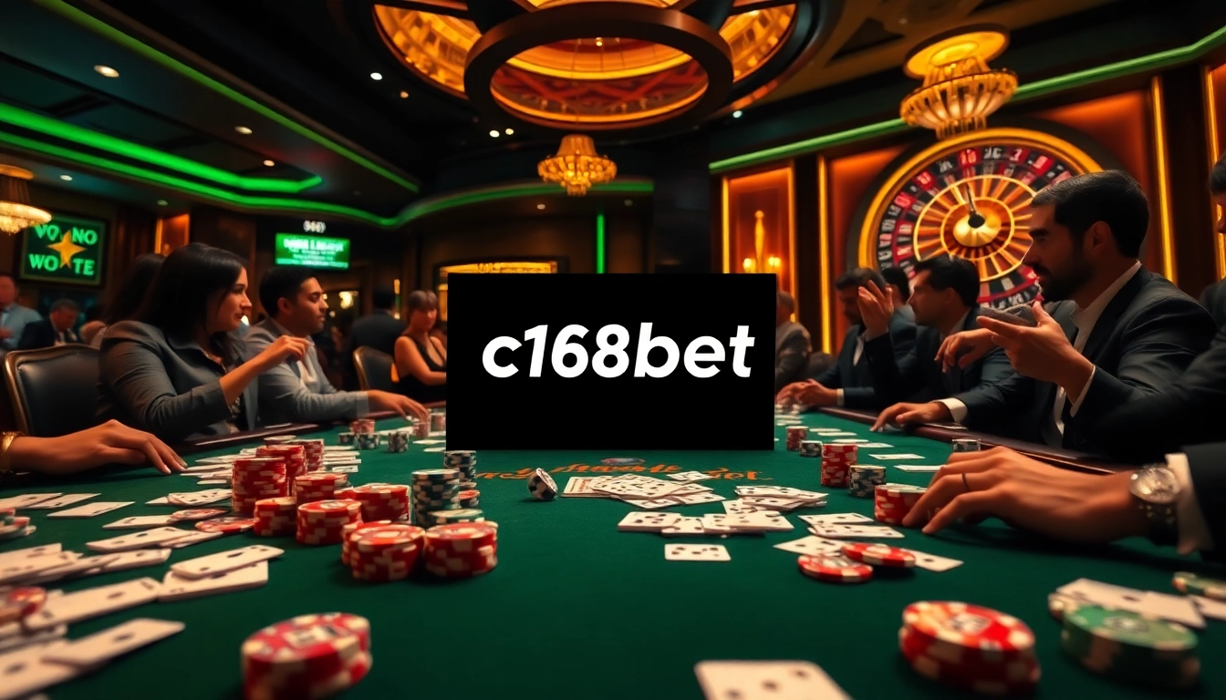 Experience the thrill of c168bet with vibrant casino games, poker chips, and a spinning roulette wheel.