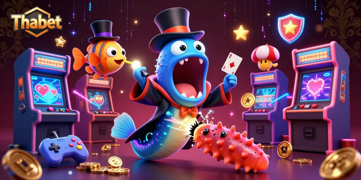 Thabet's vibrant gambling scene featuring a gulper eel magician performing card tricks among neon arcade elements