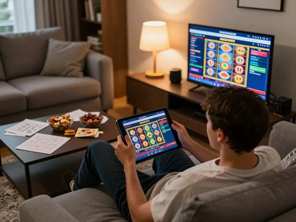 Engaging in nhacaiuytinn online gaming session with tablet and strategy notes at home