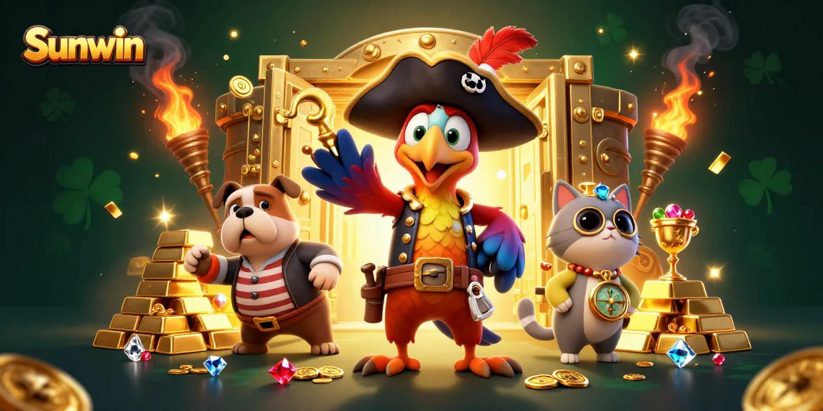 Experience thrilling gaming at Sunwin with dynamic pirate characters and treasure in a vibrant casino scene.