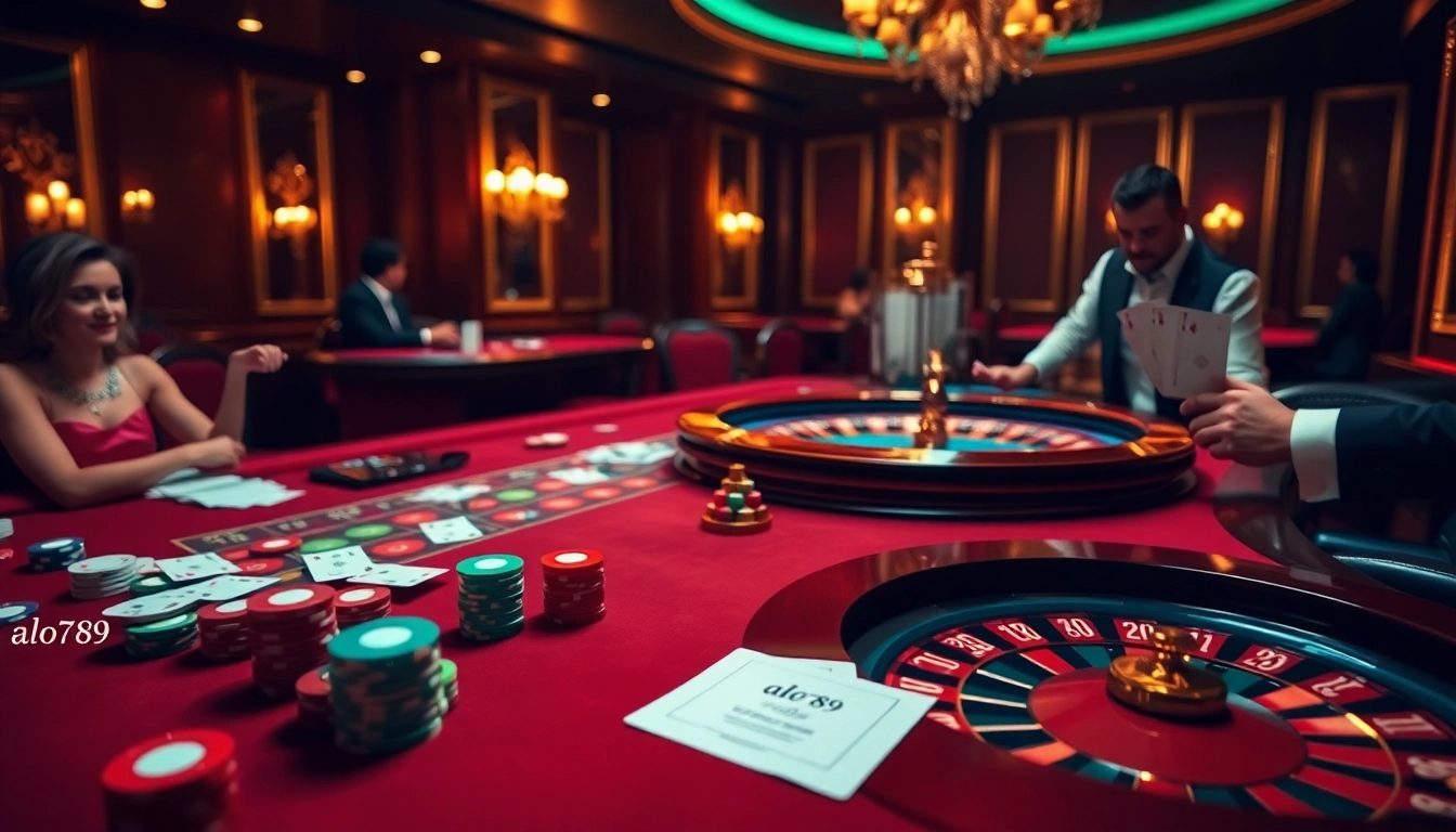 Alo789 gaming table with colorful chips, cards, and a roulette wheel, showcasing an exciting gambling atmosphere