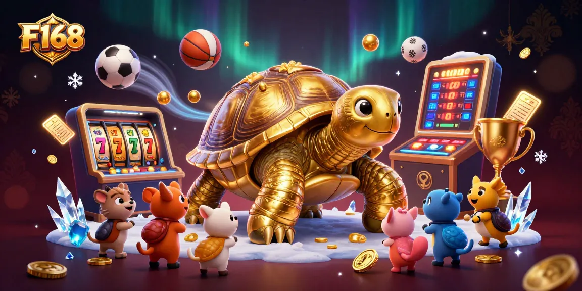 Experience thrilling entertainment at F168 in a vibrant 3D casino illustration with dynamic gaming elements.