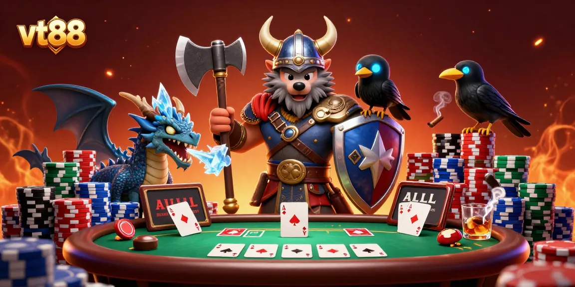 Experience thrilling vt88 gaming action with a Viking wolf warrior, dragon, and poker elements.