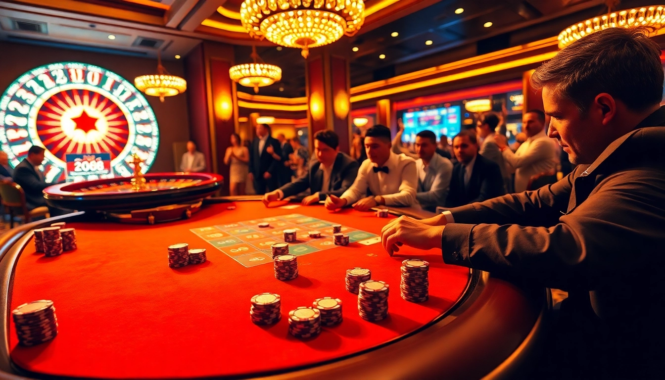 Players strategizing at a poker table in a luxurious casino setting, celebrating RR88 KJC.