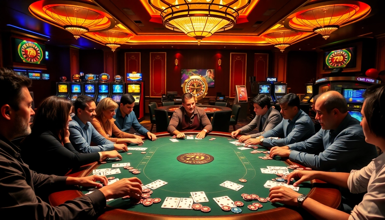 Experience the thrill of 79KING at a glamorous poker table with vibrant chips and cards.