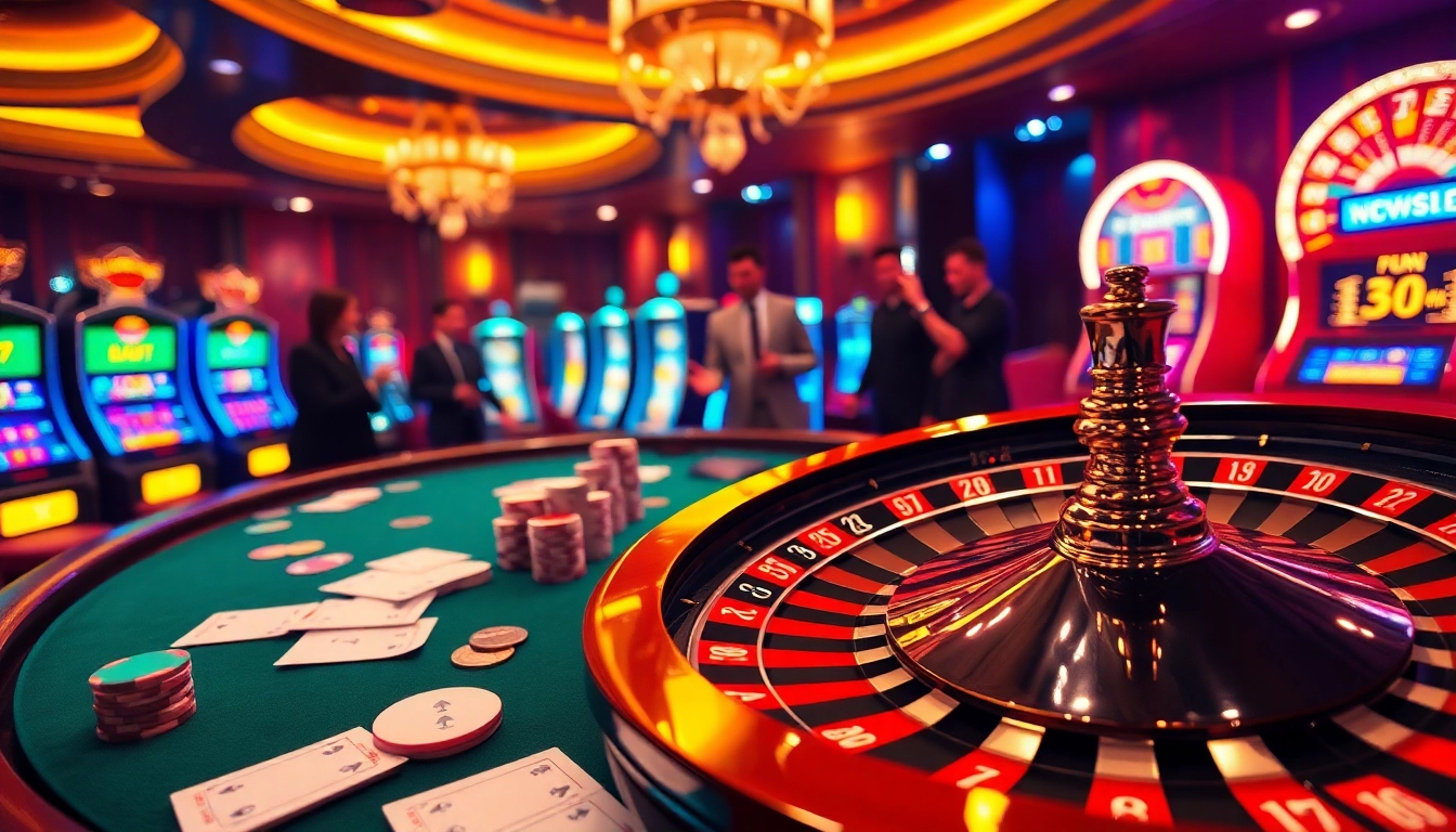 Experience the thrill of fun79 as players engage with casino tables and vibrant slot machines.