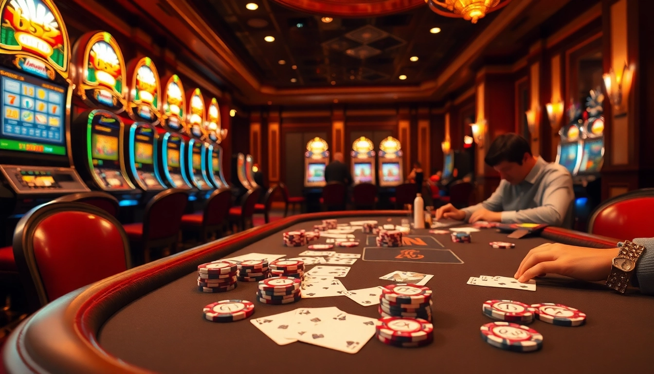 Players engaging in an exciting poker game with b52-themed chips in a luxurious casino setting.