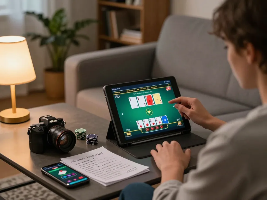 Player engaged in online poker gaming on fly8800 tablet in a cozy home setting.