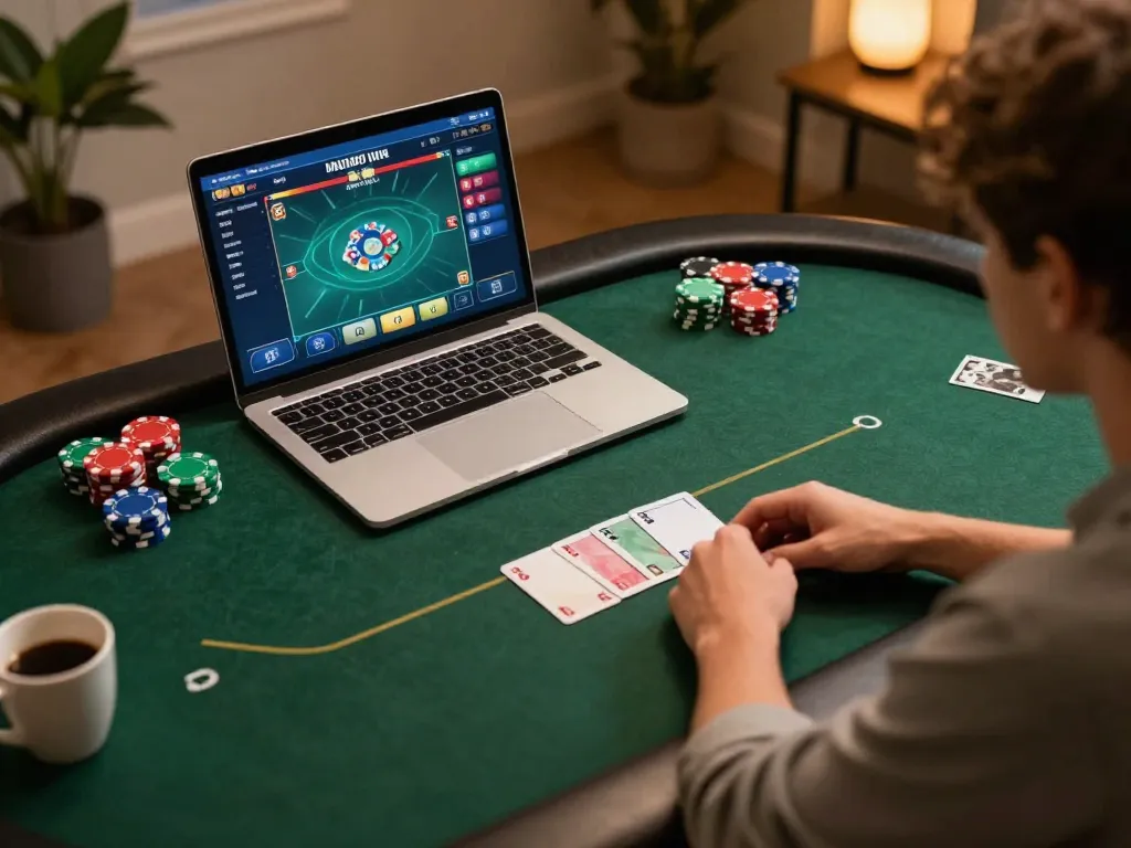 Engaging poker game on https://99win.actor/ with focused player using laptop for strategic betting.