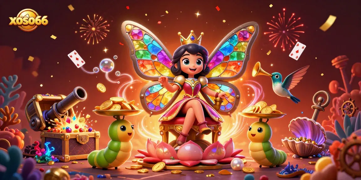 Experience vibrant gaming fun with xoso66's lottery and mini games, featuring a colorful butterfly queen and treasures.