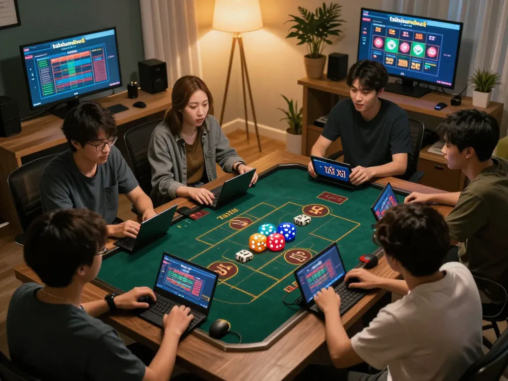 Tài Xỉu players engaging online at taixiuonline8, showcasing vibrant gameplay with colorful dice.