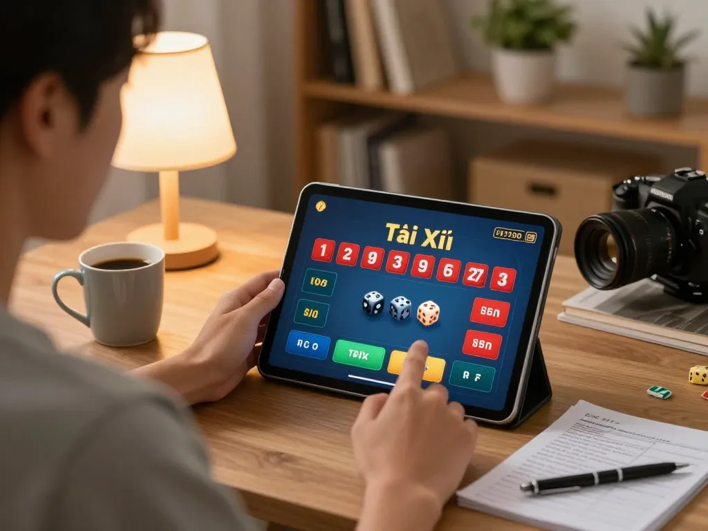 Tải xỉu online gameplay featuring a player betting with dice results visible on the tablet.