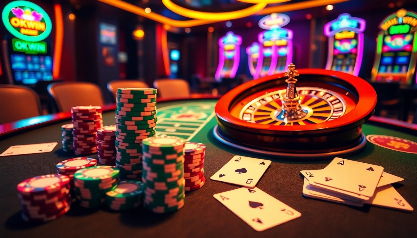 Experience thrilling online gambling at okwin with luxurious casino tables and roulette wheels.