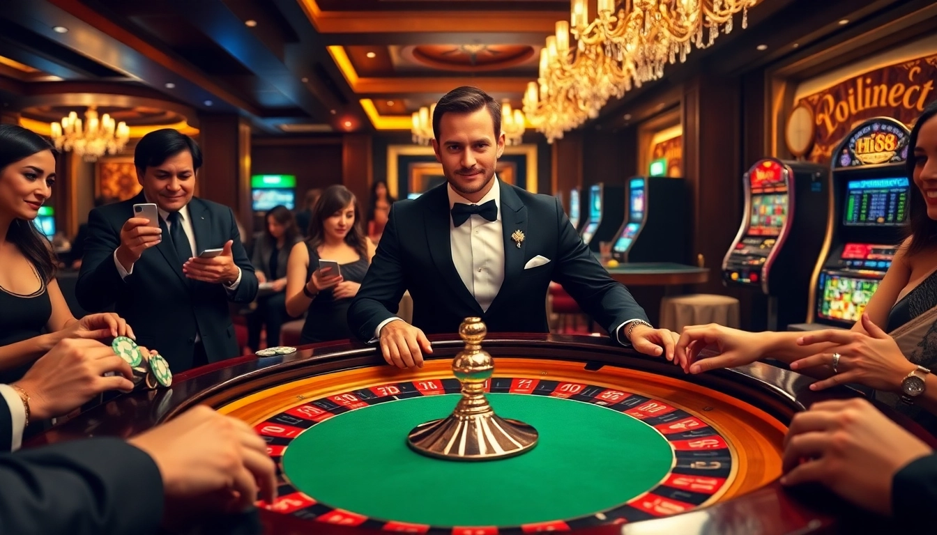 Experience luxury gaming at Hi88 casino with roulette, cards, and excited players.