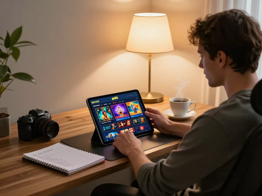 Engaging with the go99 casino app on a tablet while seated in a stylish home office