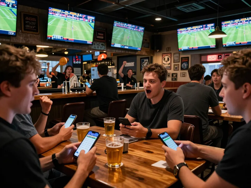 Engaged patrons placing bets on https://tx88at.com/ in a vibrant sports bar atmosphere.