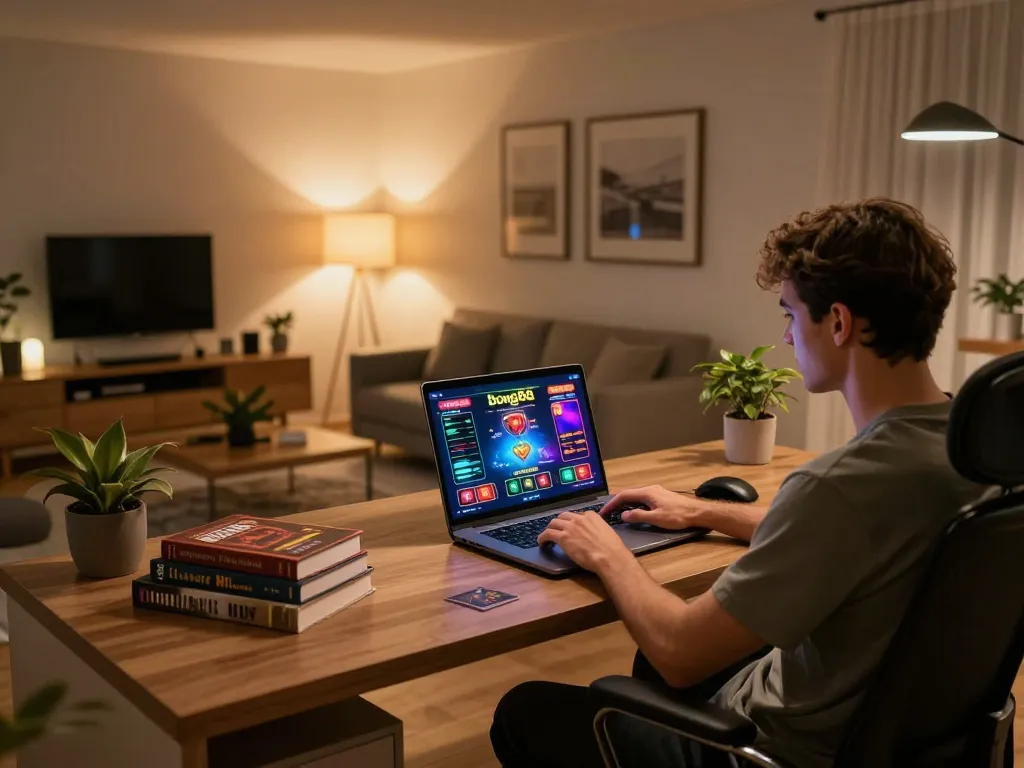 bong88 gaming setup with a person playing online casino games on a laptop