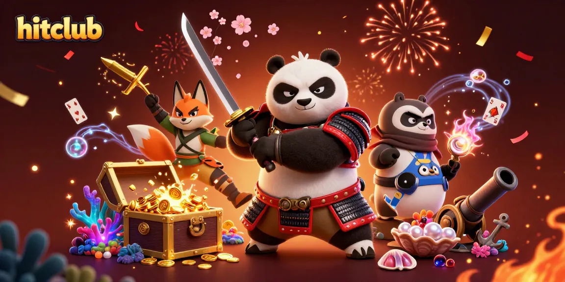 Engage with hitclub's thrilling games while enjoying a vibrant illustration of a samurai panda and ninja fox.