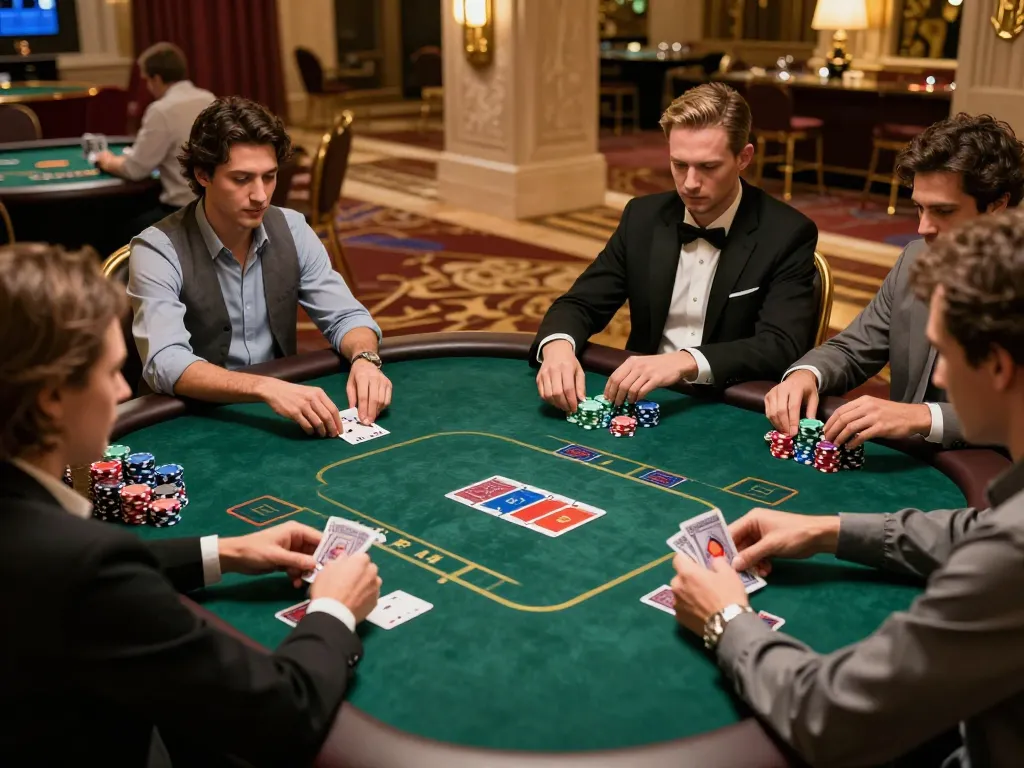 Fly88 poker enthusiasts placing bets and strategizing at an upscale casino table.