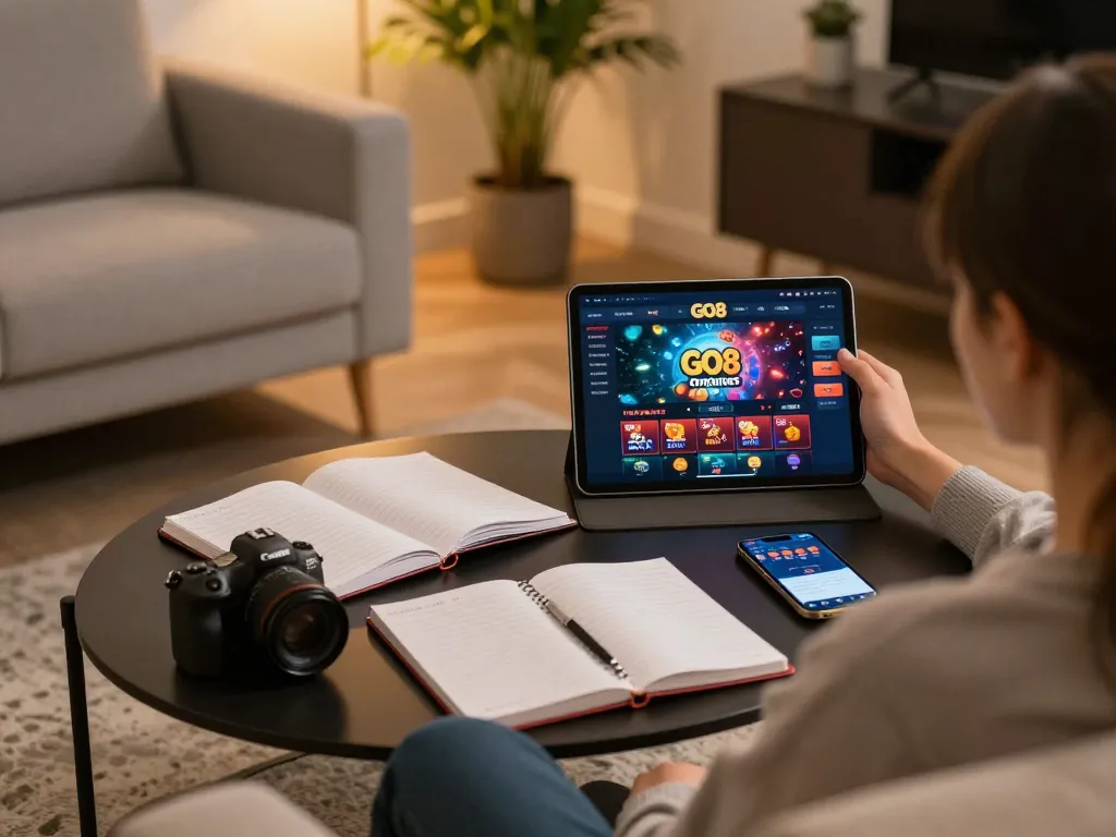 Engaging with GO8 online casino on a tablet in a cozy home setting while recording strategies.