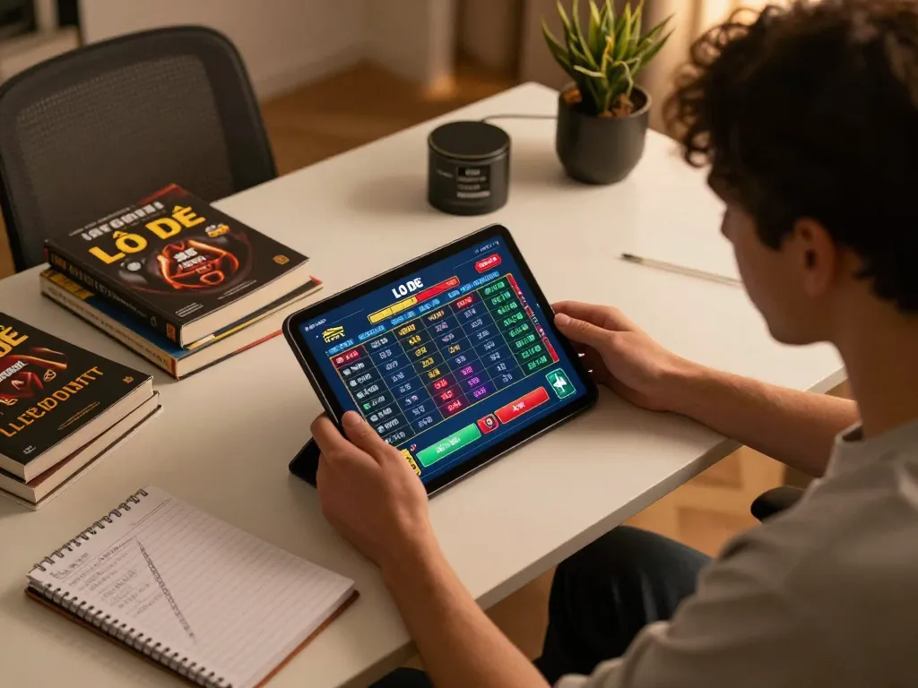Player engaging in Lô Đề on tablet while studying betting strategies in modern home office.