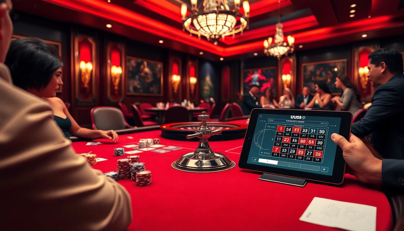 UU88 poker table with colorful chips and a lively game atmosphere, showcasing casino excitement.
