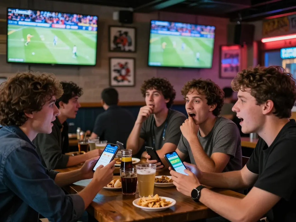 CakhiaTV users excitedly placing bets while watching live sports at a lively bar.