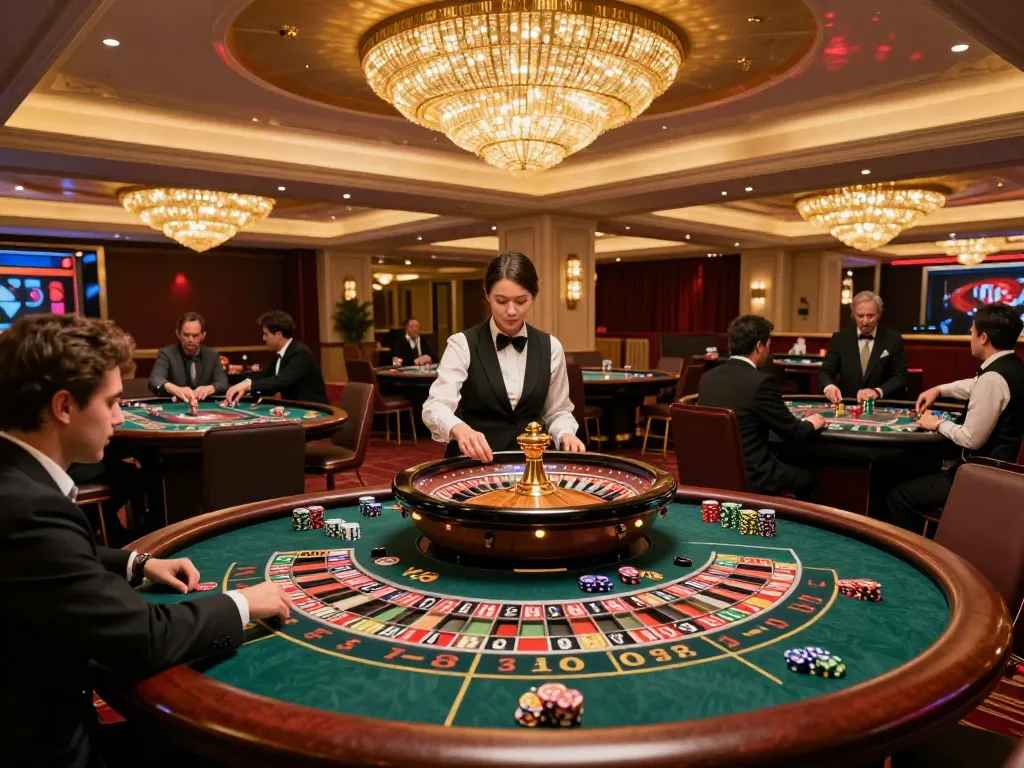 Players enjoy the excitement of betting at LV88's vibrant casino floor, showcasing roulette tables and luxurious decor.