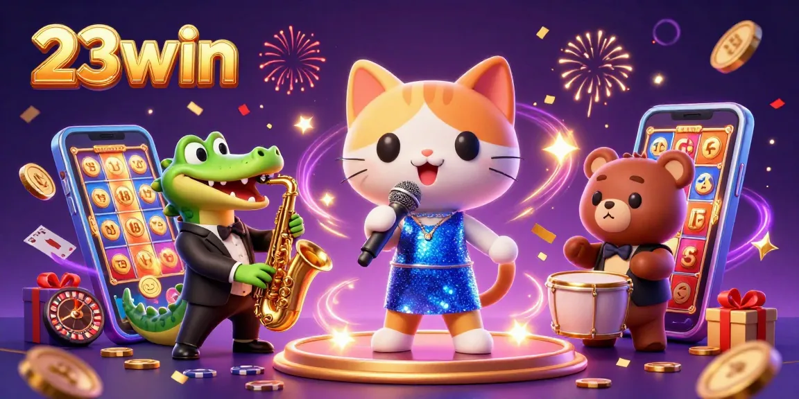 Experience the excitement of 23win's casino with vibrant characters and dynamic slot game elements.