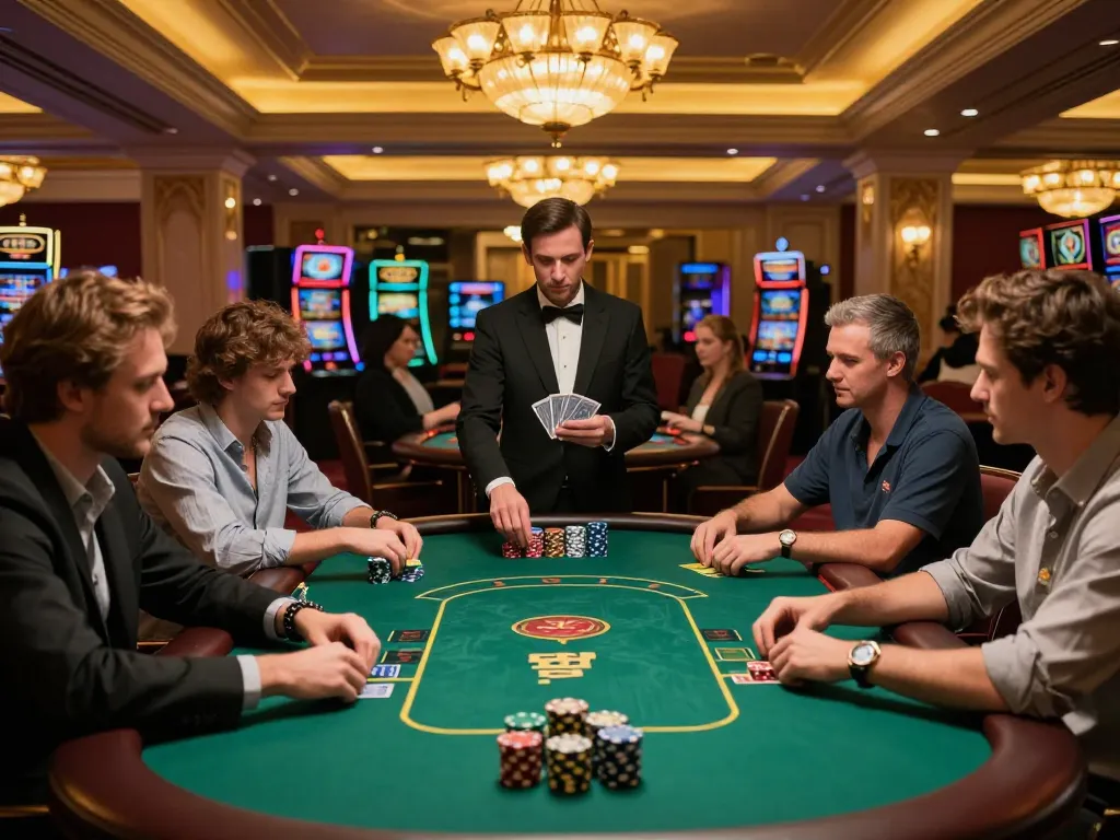 Players engage in a vibrant poker game at fabet1, showcasing excitement and strategy in a luxury casino.
