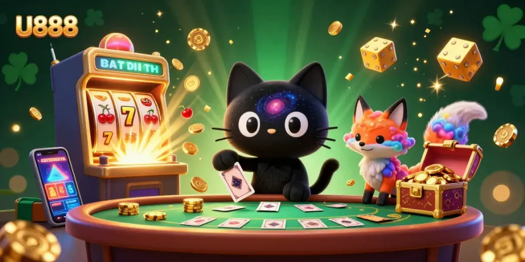 Win big with U888 in this vibrant casino scene showcasing exciting gaming elements.
