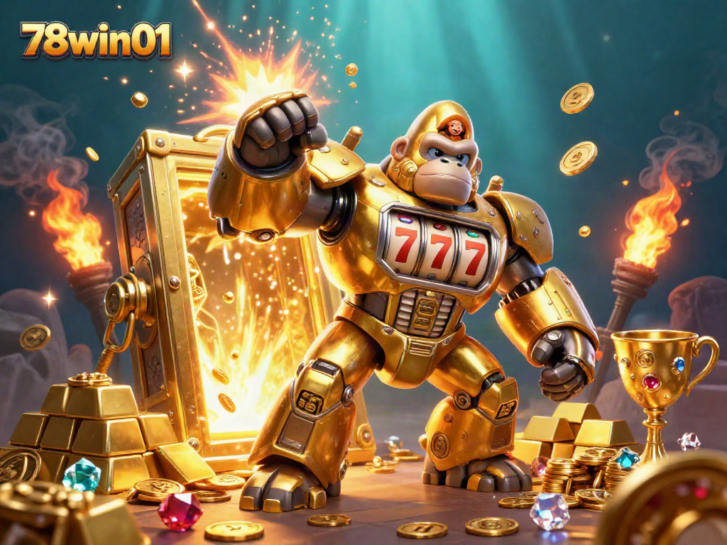 Experience thrilling wins with 78win01 illustrated through a dynamic gorilla mech surrounded by golden treasures.