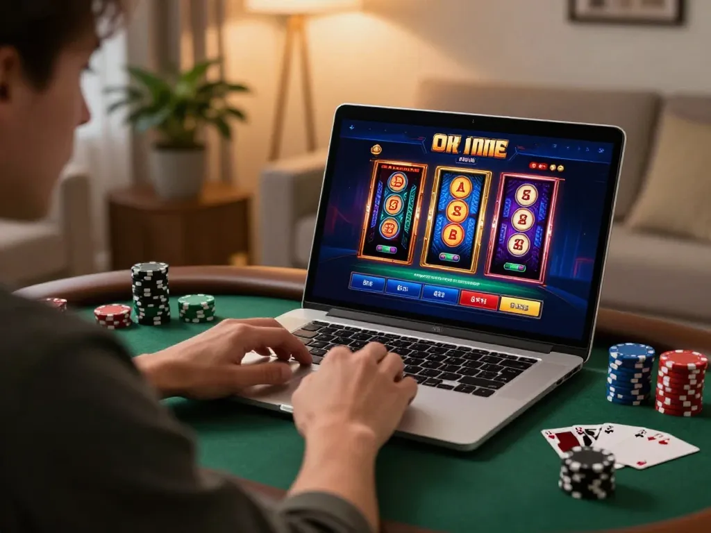 Engaging player enjoying 999bet online casino experience on a laptop at home with cozy ambiance.