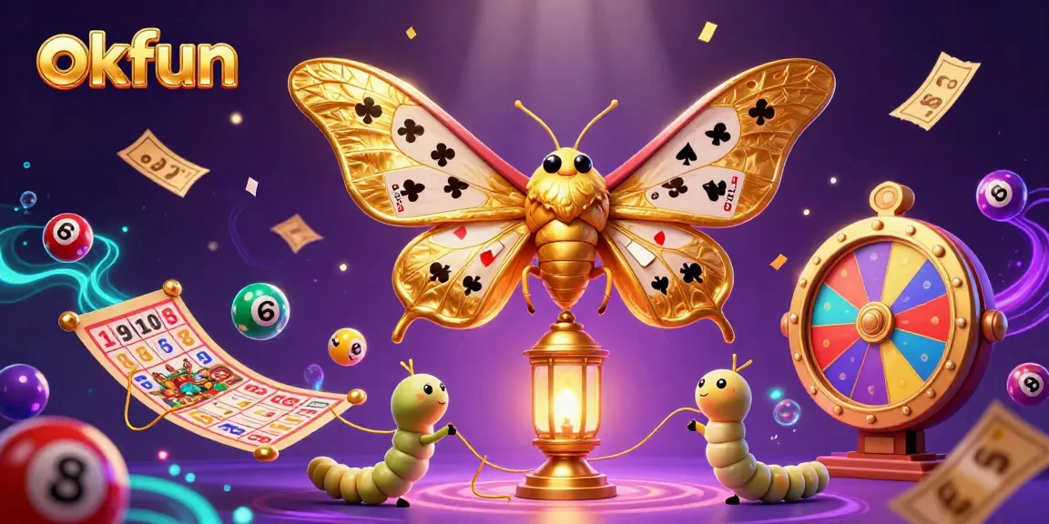 Experience thrilling wins with okfun's vibrant casino scene featuring a golden atlas moth and dynamic gaming elements.