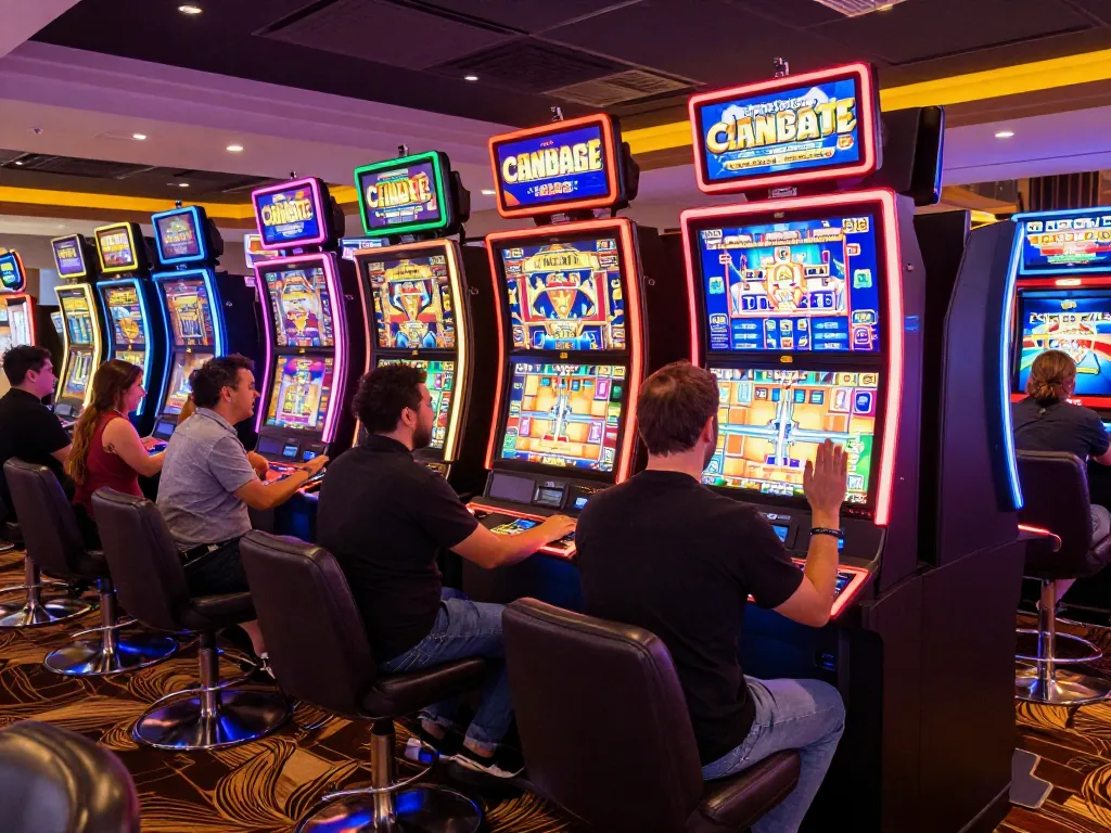 Slot Gacor players enjoying vibrant slot machines in a modern casino with colorful displays