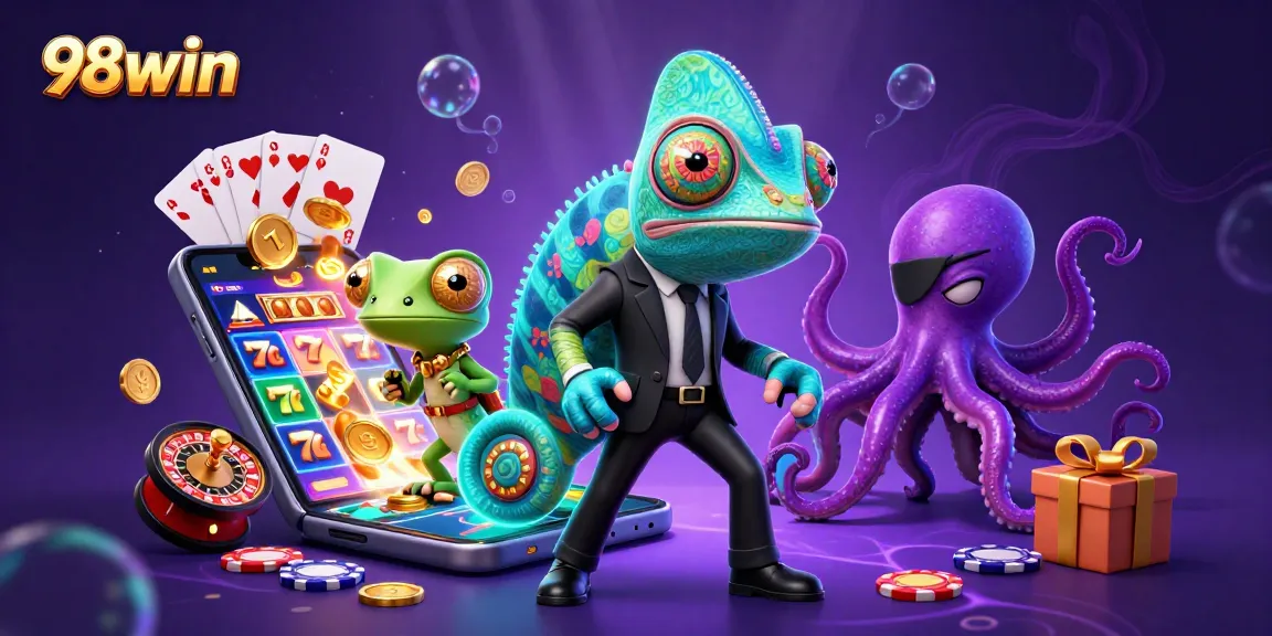 Engage in gaming excitement with 98win, featuring chameleon and gadgets in a vibrant casino scene.