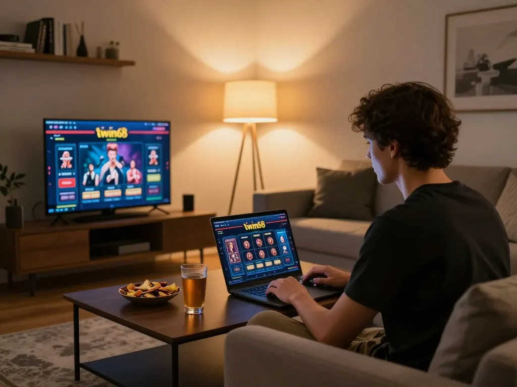 Engaging online twiin68 casino experience with cozy living room setup and focused gameplay