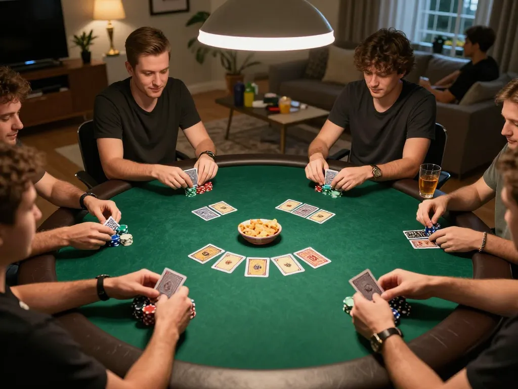 Players enjoying a strategic poker game at home, showcasing 79king chips and community cards.