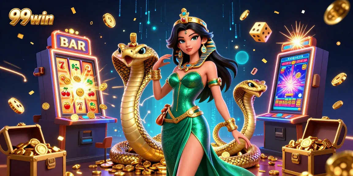 Engage in excitement with 99win's vibrant casino scene featuring a dazzling woman and golden cobra.