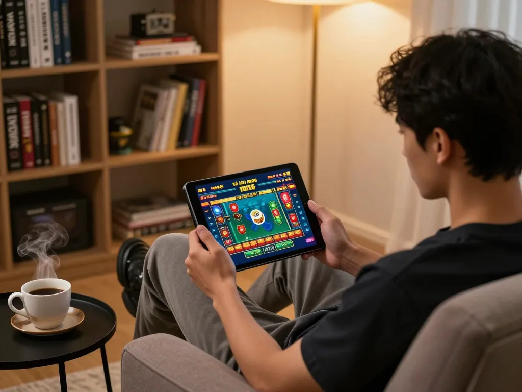 Engaging in tài xỉu md5 online gaming, showcasing a focused player with tablet and strategy notes.